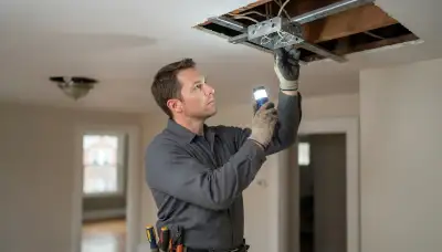 Electrician inspects ceiling fan box bracing before installation in an Albany, NY home