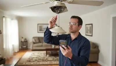 Albany, NY electrician tests a ceiling fan pull-chain switch with a multimeter during fault diagnosis