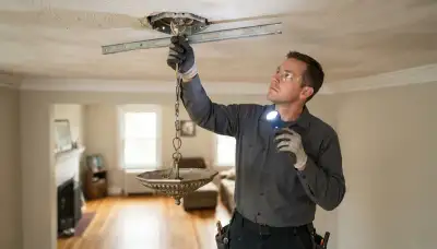 Albany, NY electrician inspects ceiling box and support brace with flashlight for chandelier installation