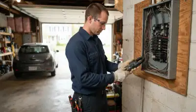 Albany, NY electrician performing a load calculation with a clamp meter for EV charger installation