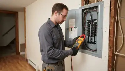 Albany, NY electrician measures electrical load at an open panel with a clamp meter for heater installation