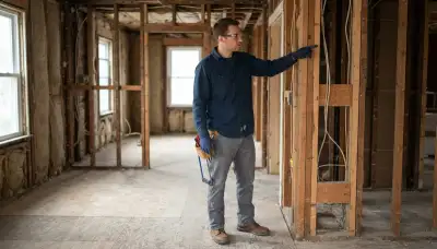 Albany, NY electrician assessing wiring and conduit routing in an unfinished wall cavity
