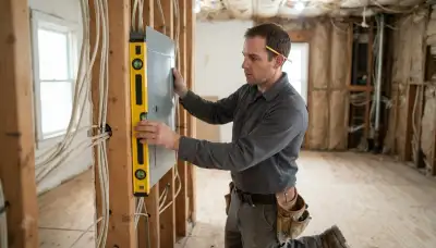 Electrician leveling an electrical panel enclosure during rough-in installation in an Albany, NY home