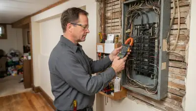 Licensed electrician in Albany, NY measuring load at an open breaker panel for an electrical panel upgrade