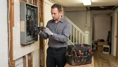 Electrician in Albany, NY diagnoses a home's electrical panel with a voltage tester and open tool bag