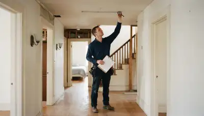 Technician measuring ceiling placement for fire alarm detectors in an Albany, NY home