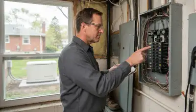 Electrician tracing essential circuits in an open load center during a generator assessment in Albany, NY