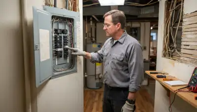 Electrician assessing GFCI circuits at an open electrical panel in an Albany, NY home