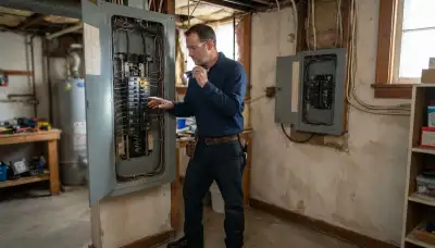 Electrician inspecting a breaker panel and circuit connections during a home electrical inspection in Albany, NY