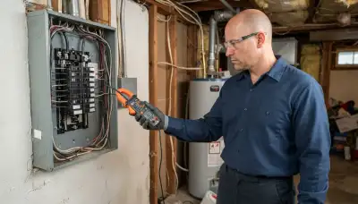 Electrician using a clamp meter at an open electrical panel during a home energy audit in Albany, NY