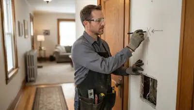 Electrician planning intercom installation, marking station locations and cable routes in an Albany, NY home