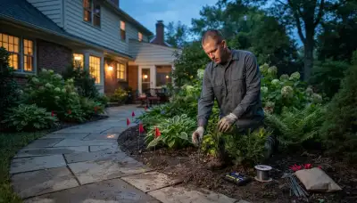 Technician placing landscape lighting stakes along a residential pathway in Albany, NY