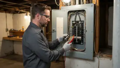 Licensed Albany, NY electrician testing an open electrical panel during a whole-home electrical assessment