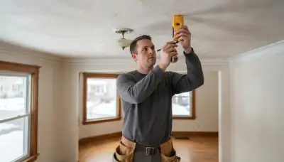 Electrician using a stud finder to plan ceiling light fixture placement in an Albany, NY home