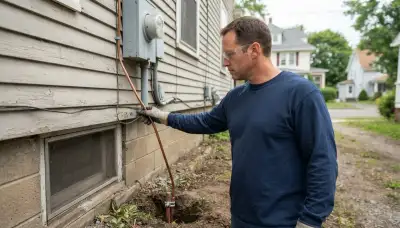 Albany, NY electrician traces grounding conductor from meter to ground rod for lightning surge protection
