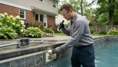 Albany, NY electrician inspects a residential pool light niche and bonding connections for safe pool lighting