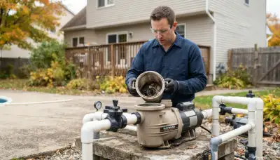 Electrician inspecting a pool pump strainer basket and shaft seal at an Albany, NY equipment pad