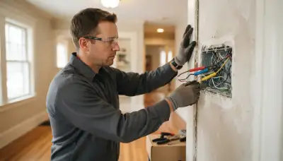 Albany, NY electrician assesses lighting circuits in an open gang box for programmable lighting installation