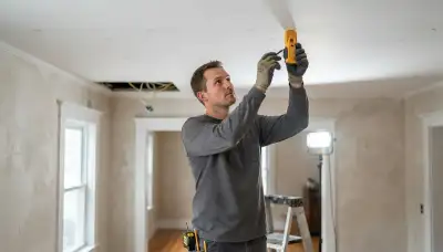 Electrician in Albany, NY marking recessed lighting positions and locating ceiling joists with a stud finder