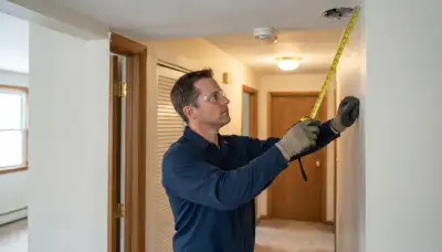 Albany, NY electrician measures hallway ceiling for smoke detector placement near bedrooms