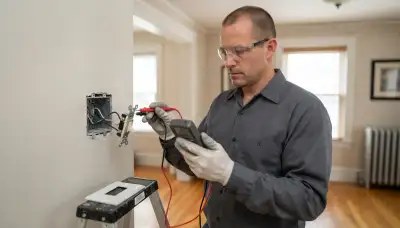Electrician testing switch wiring with a multimeter during switch repair in an Albany, NY home