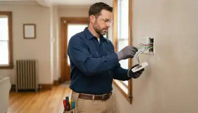 Albany, NY electrician assessing thermostat control wires at a wall plate for heating and cooling installation