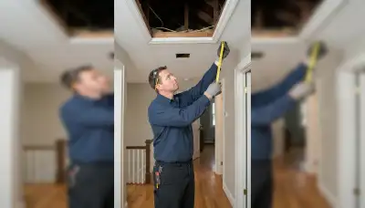 Electrician assesses hallway ceiling joists and attic clearance for whole-house fan installation in Albany, NY