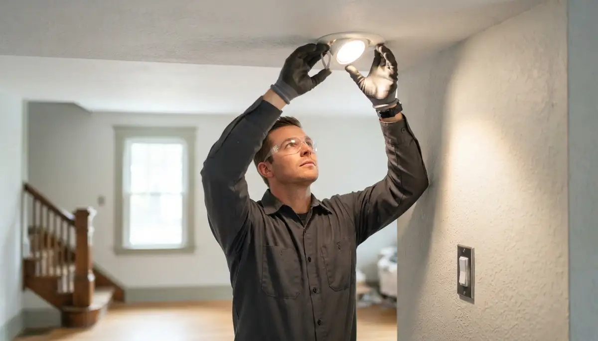 Electrician tests and aims a new light fixture during lighting installation in Albany, NY