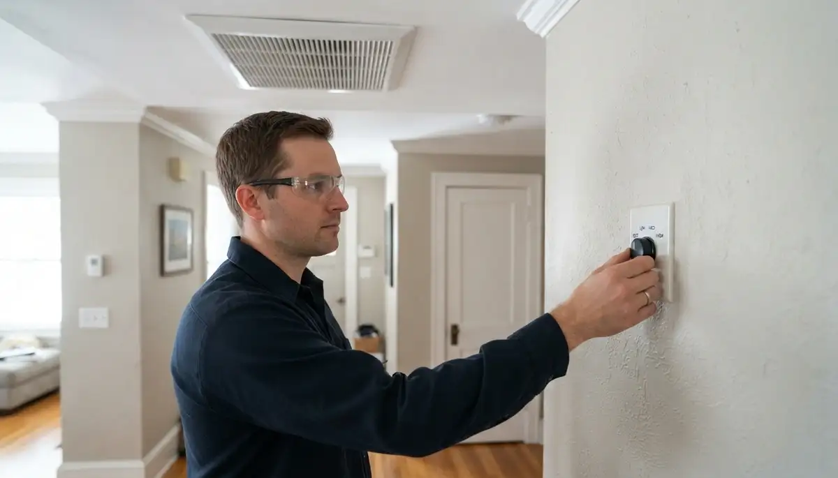 Technician adjusts a whole-house fan wall speed control during airflow verification in Albany, NY