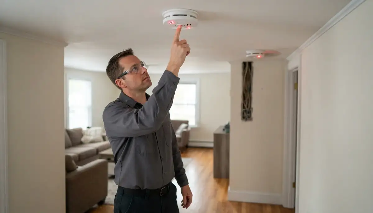 Electrician tests interconnected smoke detectors after installation in an Albany, NY home