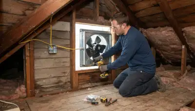 Electrician mounts an attic fan in an Albany, NY home for secure, vibration-resistant installation