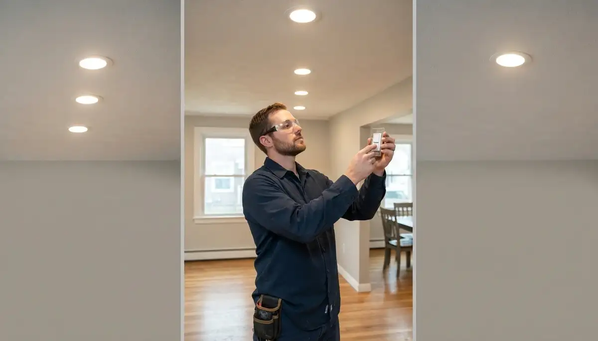 Electrician tests recessed lighting beam alignment and dimmer controls in an Albany, NY home