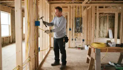 Electrician installing electrical boxes and cable during new construction wiring in Albany, NY