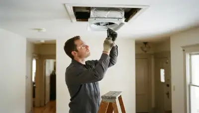 Electrician installing an insulated damper and ceiling unit for a whole house fan in Albany, NY