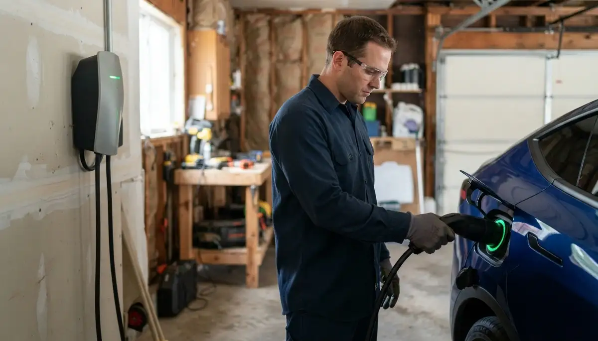 Albany, NY electrician verifies EV charger connection and steady power delivery during a test session