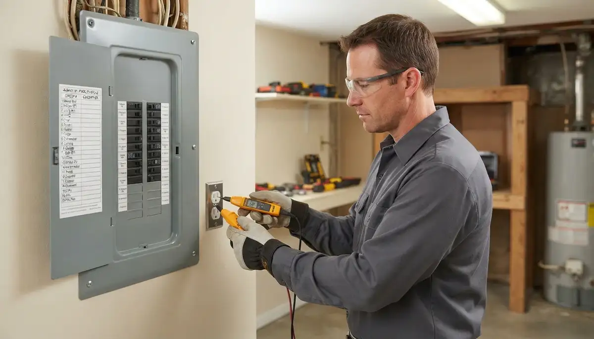 Electrician tests labeled circuits at an upgraded electrical panel in Albany, NY