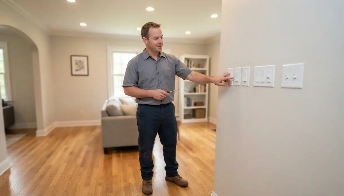Electrician in Albany, NY demonstrates completed lighting fixtures and dimmer controls during homeowner walkthrough