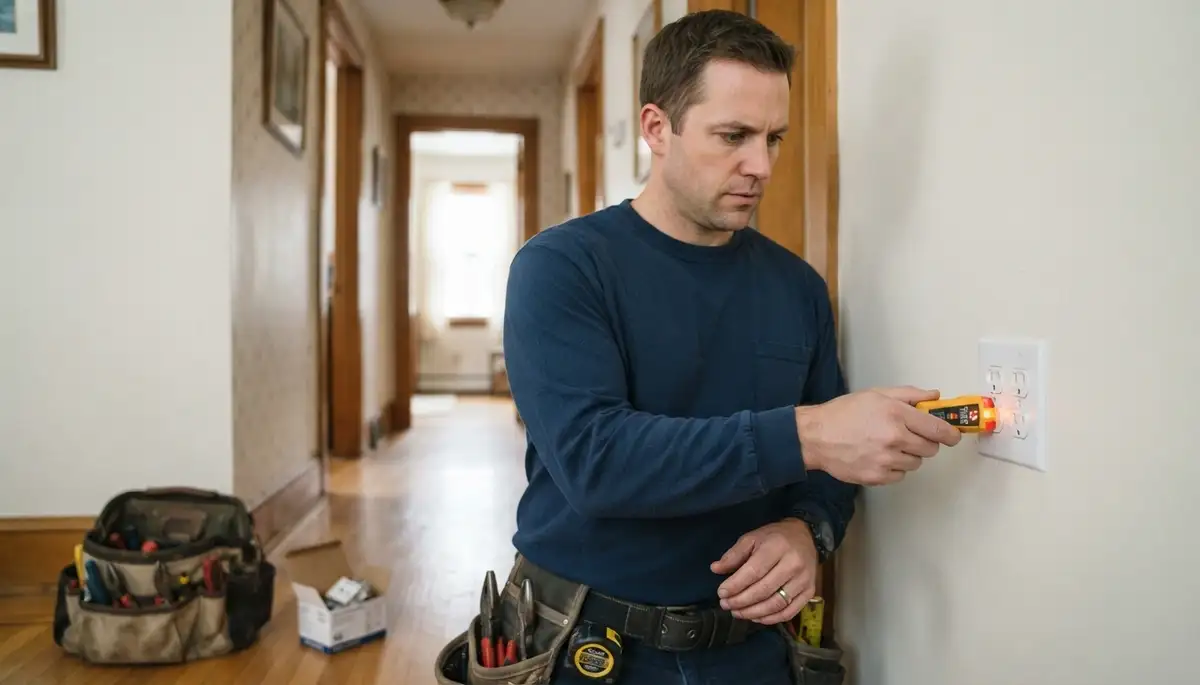 Albany, NY electrician uses a circuit tester to verify a newly installed receptacle and completed electrical work