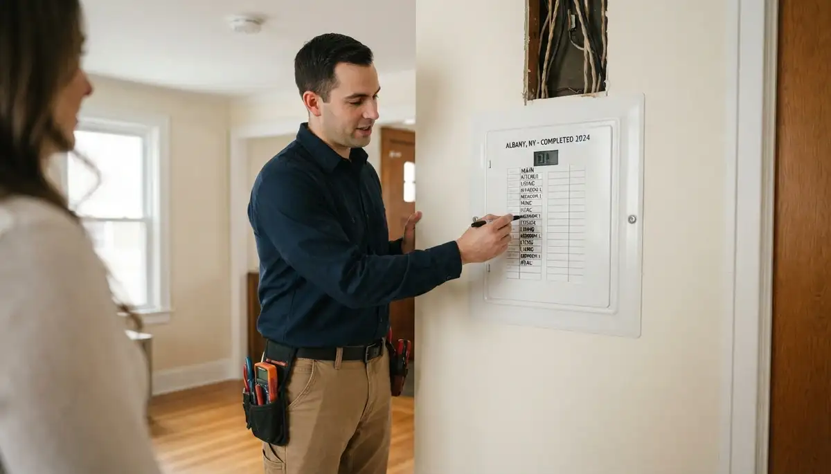 Licensed electrician in Albany, NY explains completed electrical work while updating a circuit directory with homeowner.