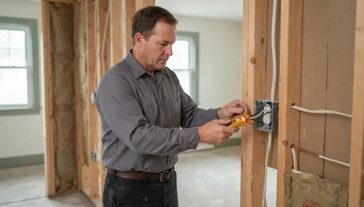 Electrician testing wiring continuity and polarity before wall closure in Albany, NY