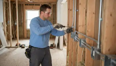 Albany, NY electrician securing conduit and aligning electrical boxes on unfinished wall framing