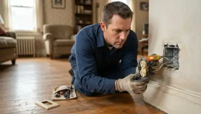 Albany, NY electrician uses a circuit tester to inspect a wall outlet during a home electrical inspection
