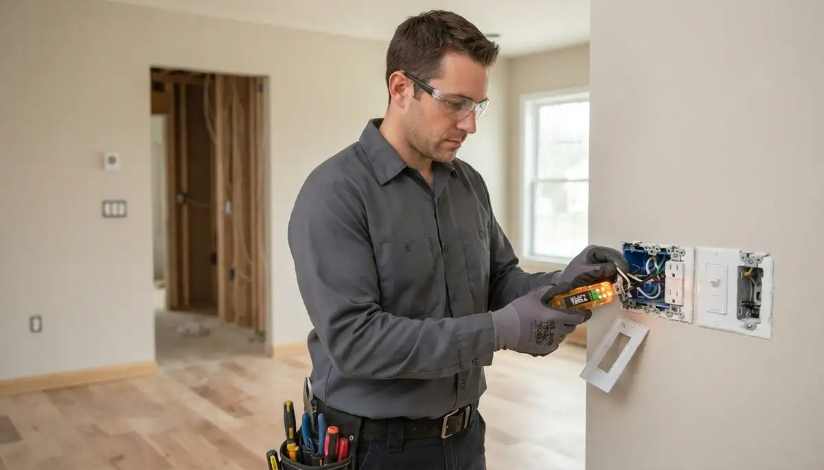 Electrician testing receptacles and switches with a circuit tester during new construction trim-out in Albany, NY