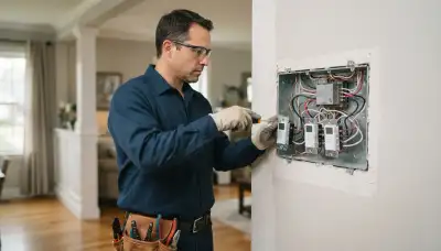 Electrician installing programmable dimmers and controller module in an Albany, NY home for room-by-room lighting con...