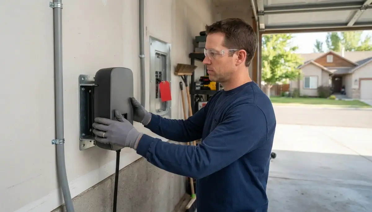 Electric vehicle charger installation by an electrician in a Rexford, NY garage