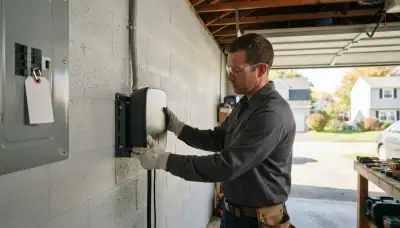 Electrician installing a wall-mounted EV charger with a dedicated 240-volt circuit in Scotia, NY