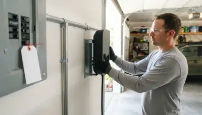 Electrician installing a Level 2 EV charger and dedicated circuit in an Albany, NY garage