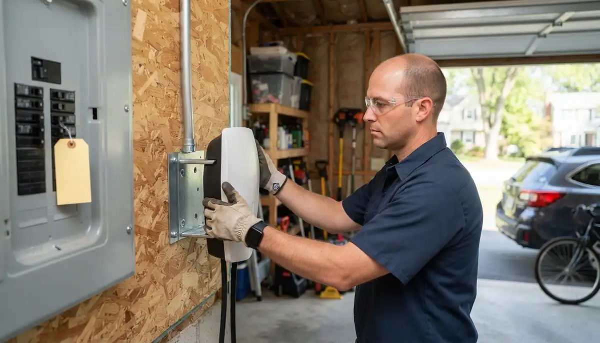 Electrician installing a Level 2 EV charger in a Voorheesville, NY garage