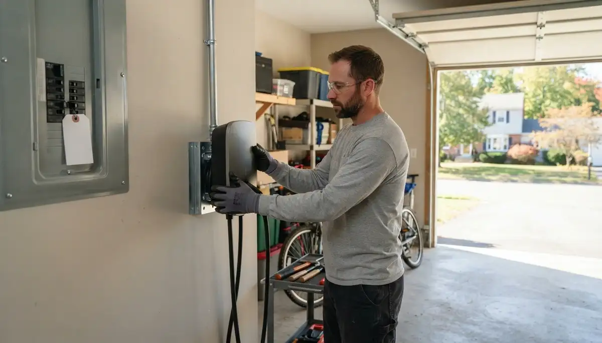 EV charger installation in a Watervliet, NY garage by a professional electrician