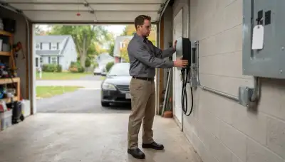 Electrician installing a wall-mounted EV charger in a Wynantskill, NY garage